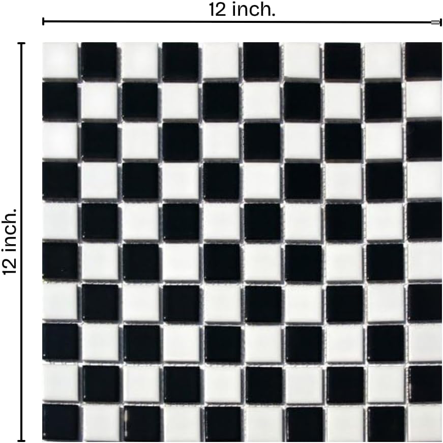 Tenedos Square Checkered Black and White Checker Board Porcelain Mosaic Wall Floor Tile Backsplash Shiny Look for Kitchen, Bathroom Shower, Accent Decor, Fireplace (1 Sheet)