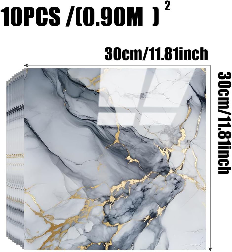 10pcs Marble Peel and Stick Backsplash Waterproof Washroom Wall Panels, Peel and Stick Tile, PVC Wall Panels for Kitchen,Bathroom,Living Room,Blue and Gold(Not Real Tile,11.8" x 11.8")