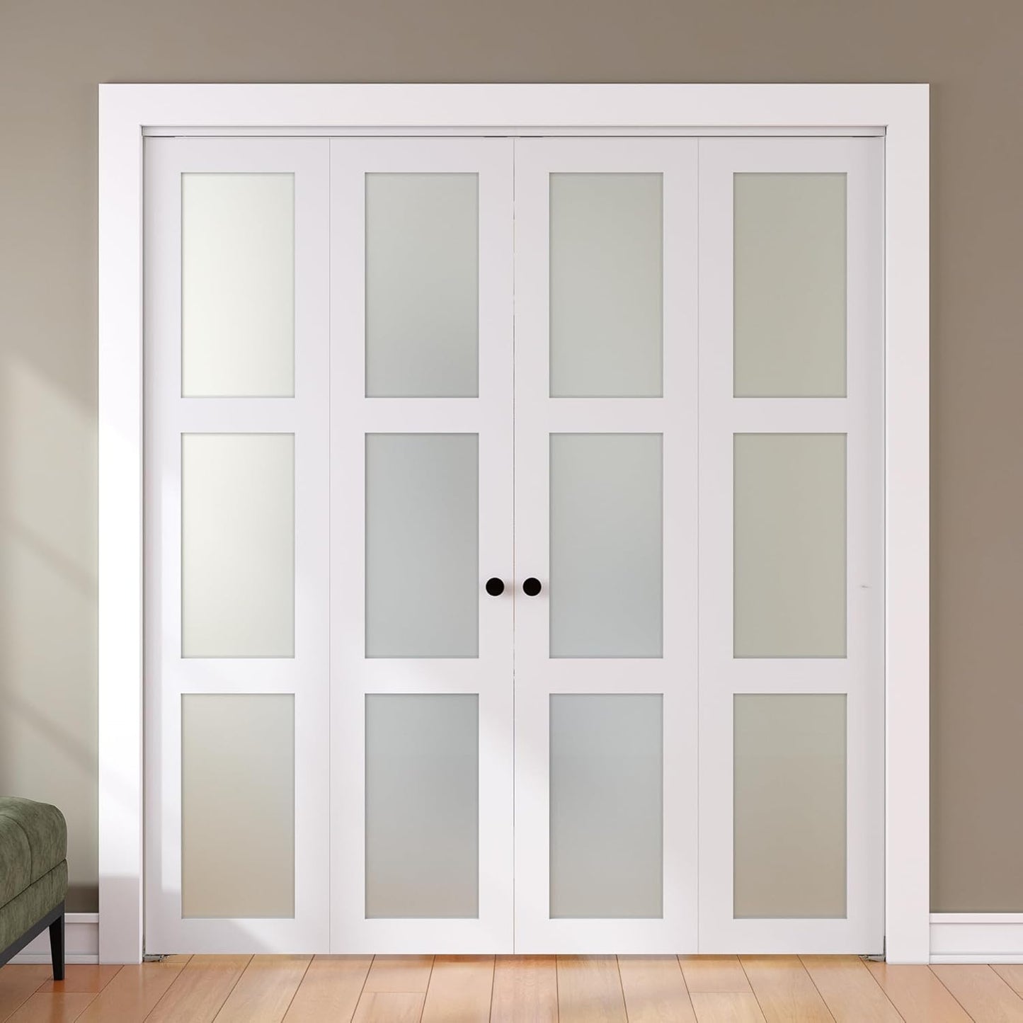 SMARTSTANDARD Bifold Door, for 48"x 80" Opening,Tempered Frosted Glass Closet Folding Barn Door with Hardware Kit, Water-Proof PVC Surface,Easy Install,White