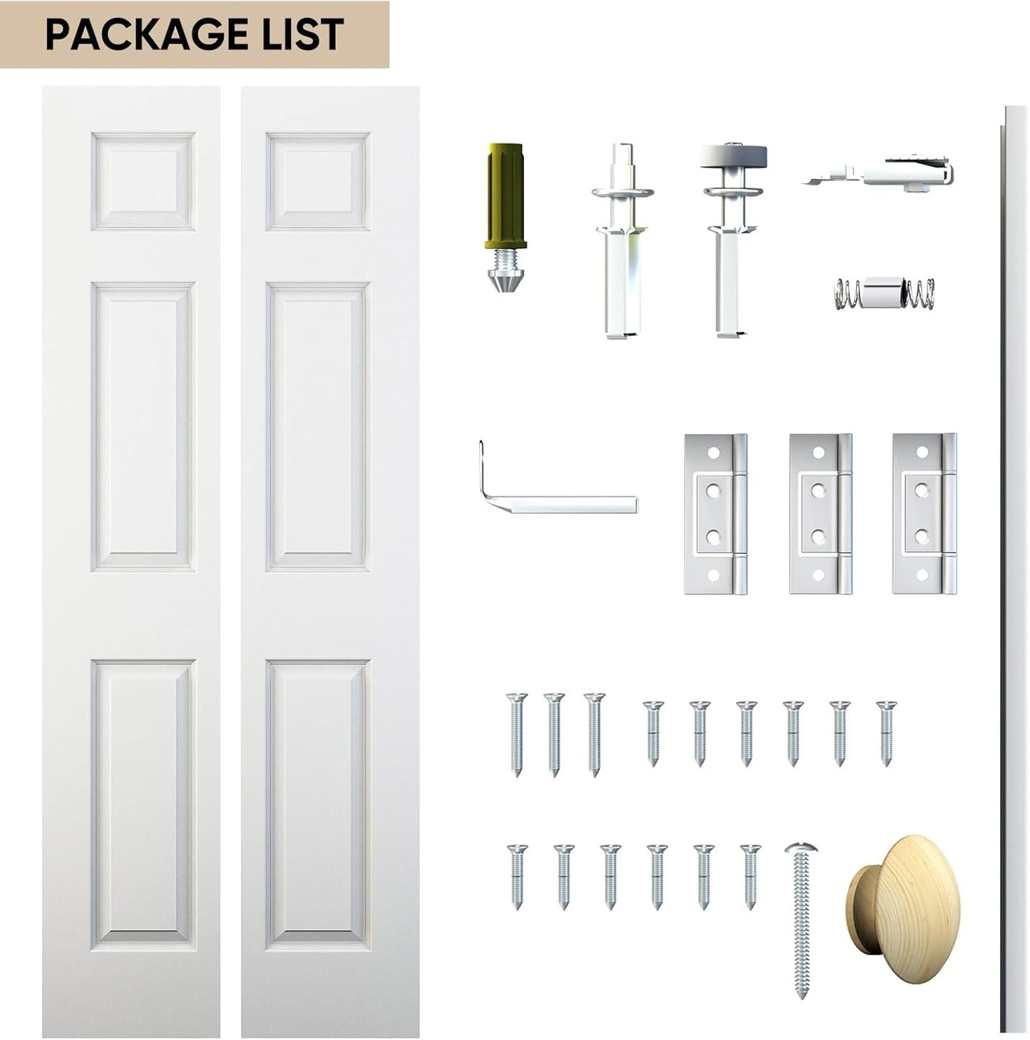 JUBEST Bifold Doors, 6 Panel Primed Bifold Closet Doors for 24"x80" Door Opening, Modern White Hollow Core Bi-Fold Door Slab with Hardware Kit & Knob, Widely Used, Primed
