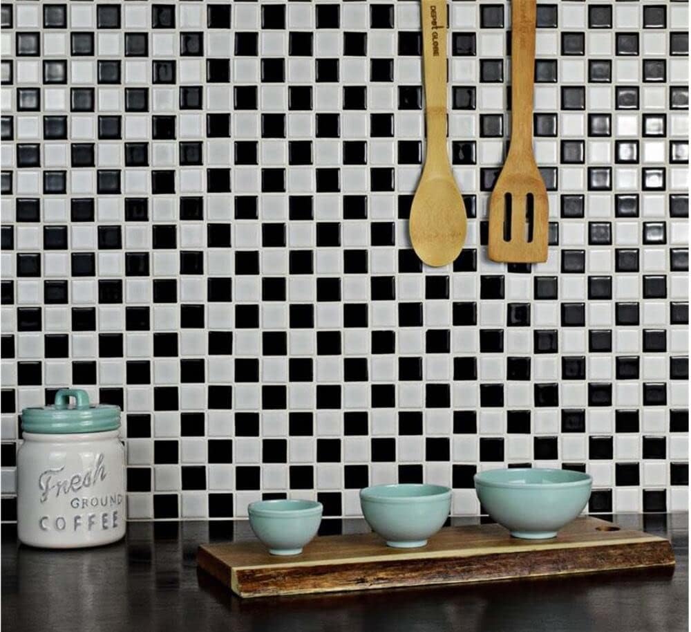 Tenedos Square Checkered Black and White Checker Board Porcelain Mosaic Wall Floor Tile Backsplash Shiny Look for Kitchen, Bathroom Shower, Accent Decor, Fireplace (1 Sheet)