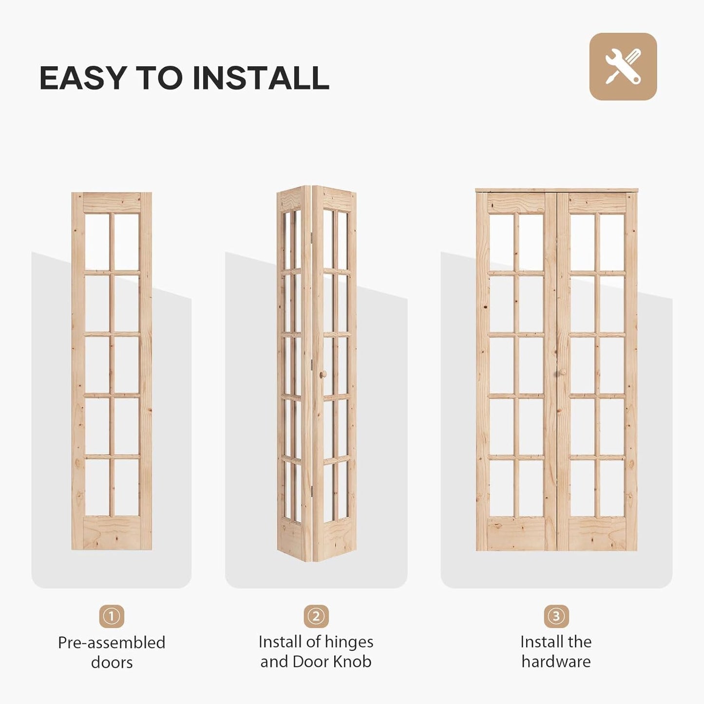 EaseLife Bifold Closet Door,for 36in x 80in (Double 18x80) Opening,French Glass Barn Doors with 3FT Concealed Bi-Fold Sliding Hardware Kit Included,Preassembled Door,Easy Install,DIY staining