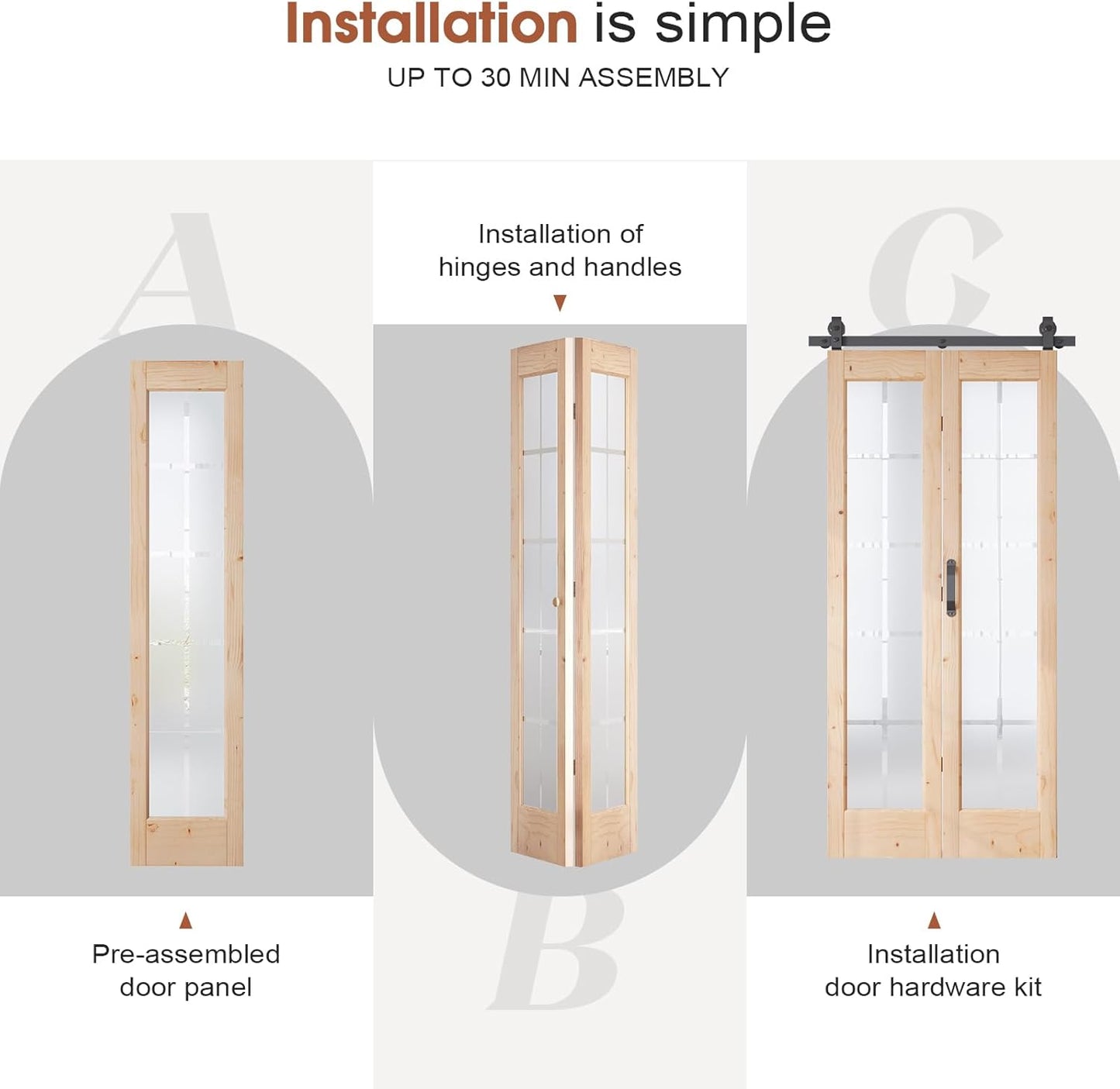 Preassembled Bifold Barn Door 36 x 84 in (Double 18x84in) with Bi-fold Door Hardware Kit, Frosted Glass Cross Transparent, Pre-Drilled Holes, French Glass Doors, Wood Slat, Fit 36in Opening