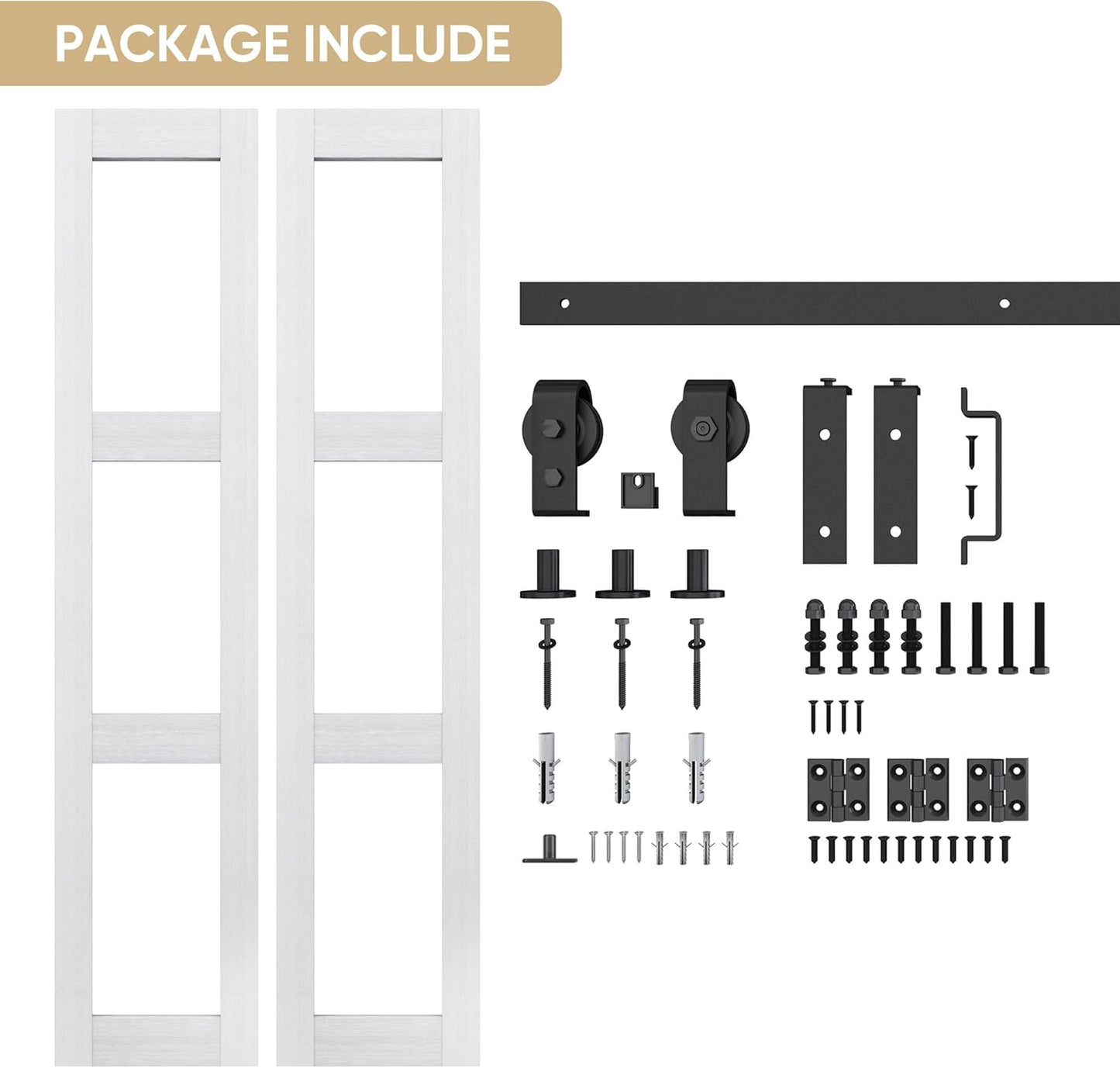 JUBEST Bifold Sliding Barn Door, 30" x 84" Bi fold Barn Door Hardware Kit & Handles Include, 3-Panel Glass Barn Doors Slab, Folding Doors with 34" Track Kit, Solid Wood, MDF & PVC Covered, White