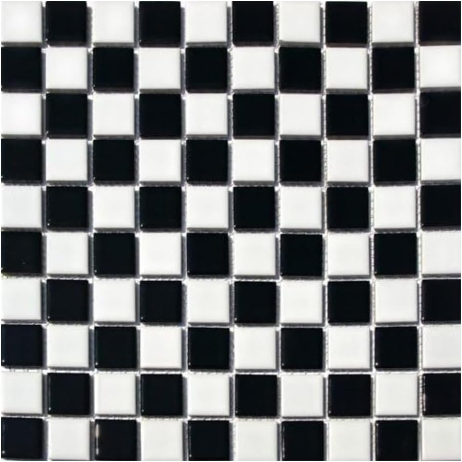 Tenedos Square Checkered Black and White Checker Board Porcelain Mosaic Wall Floor Tile Backsplash Shiny Look for Kitchen, Bathroom Shower, Accent Decor, Fireplace (1 Sheet)