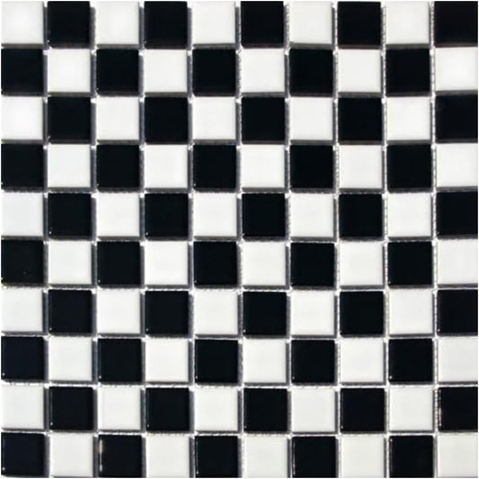 Tenedos Square Checkered Black and White Checker Board Porcelain Mosaic Wall Floor Tile Backsplash Shiny Look for Kitchen, Bathroom Shower, Accent Decor, Fireplace (1 Sheet)