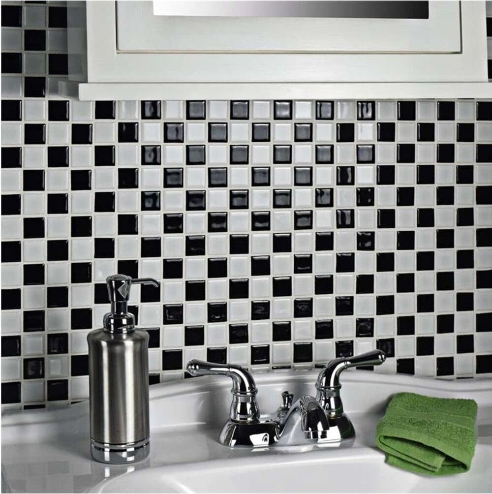 Tenedos Square Checkered Black and White Checker Board Porcelain Mosaic Wall Floor Tile Backsplash Shiny Look for Kitchen, Bathroom Shower, Accent Decor, Fireplace (1 Sheet)