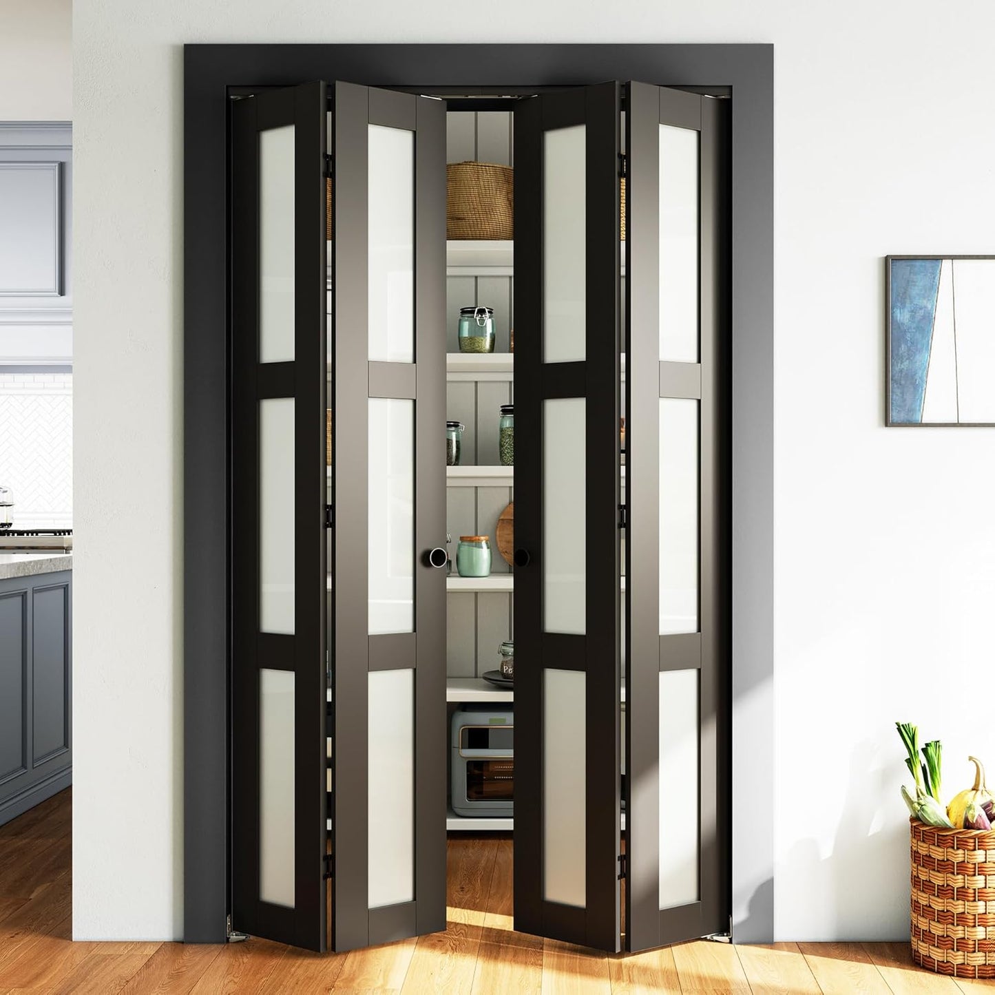 SMARTSTANDARD 30in x 80in Closet Bifold Door with Bi-fold Door Hardware Kit Included, Tempered Frosted Glass Closet Door, Preassembled Panel, Water-Proof PVC Surface, Black