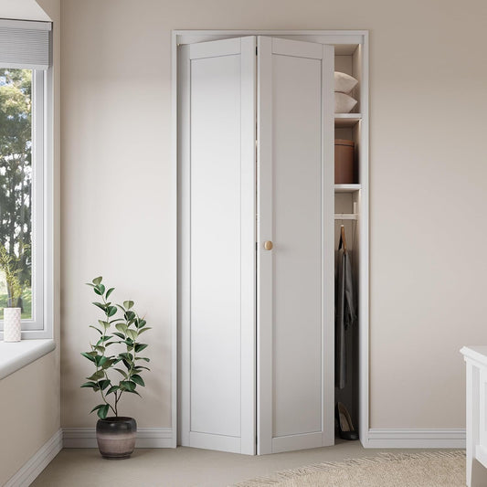 30" x 80" Paintable Bifold Closet Door, Solid Core Pre-Assembled Panels with Water-Resistant Triple-Layer Painting, Build Quality (Double 78.5" High Panels&Hardware&Fascia&Knob)