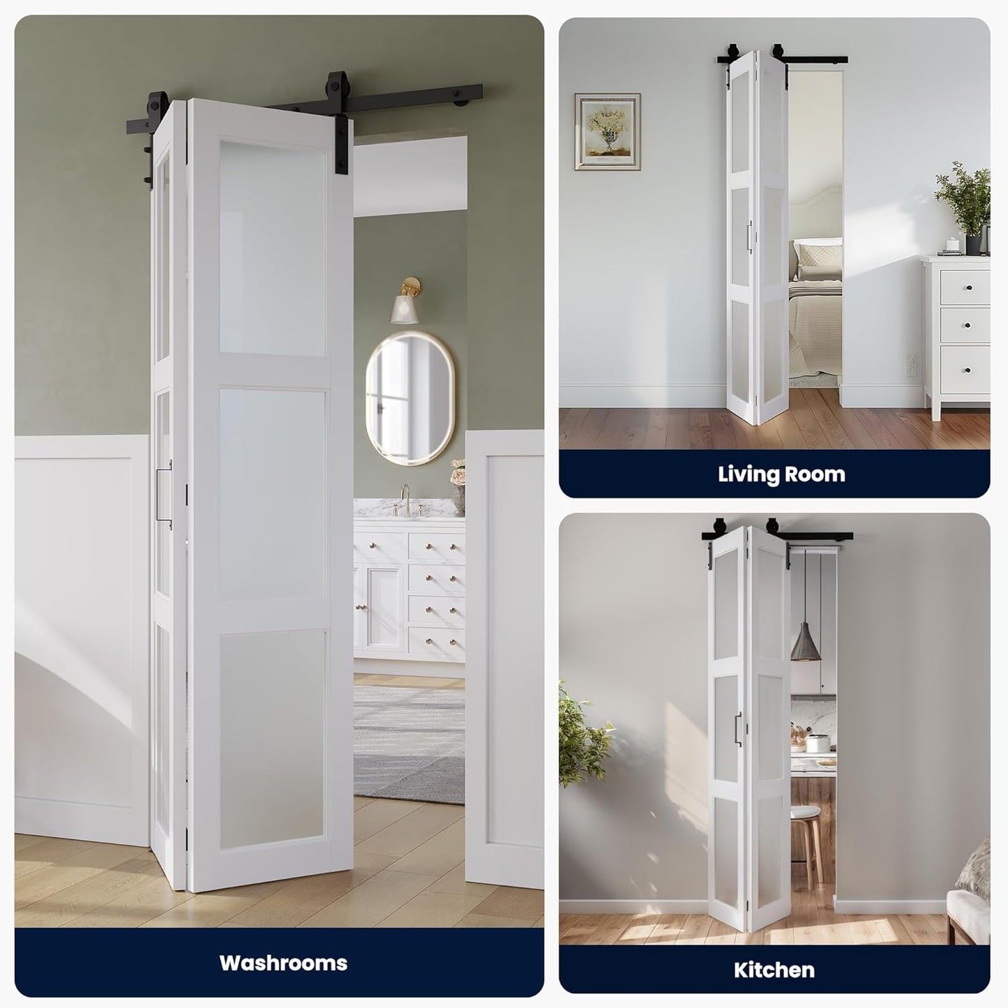 SMARTSTANDARD 28in x 84in Bifold Barn Door, Frosted Glass Barn Door with Hardware Kit Included, Pre-Drilled Holes Easy Assembly -Solid Barn Doors Slab Covered with Water-Proof PVC Surface, White