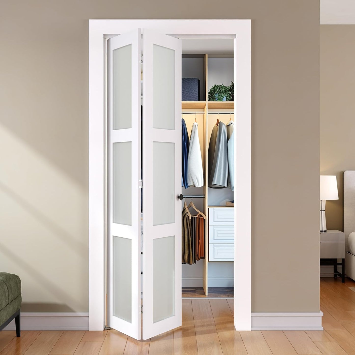 SMARTSTANDARD Bifold Door, for 48"x 80" Opening,Tempered Frosted Glass Closet Folding Barn Door with Hardware Kit, Water-Proof PVC Surface,Easy Install,White