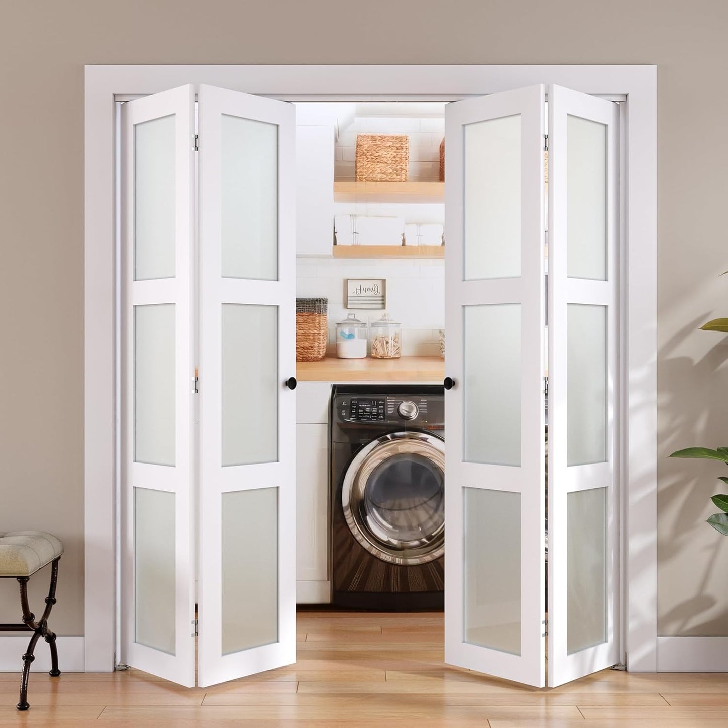 SMARTSTANDARD Bifold Door, for 48"x 80" Opening,Tempered Frosted Glass Closet Folding Barn Door with Hardware Kit, Water-Proof PVC Surface,Easy Install,White