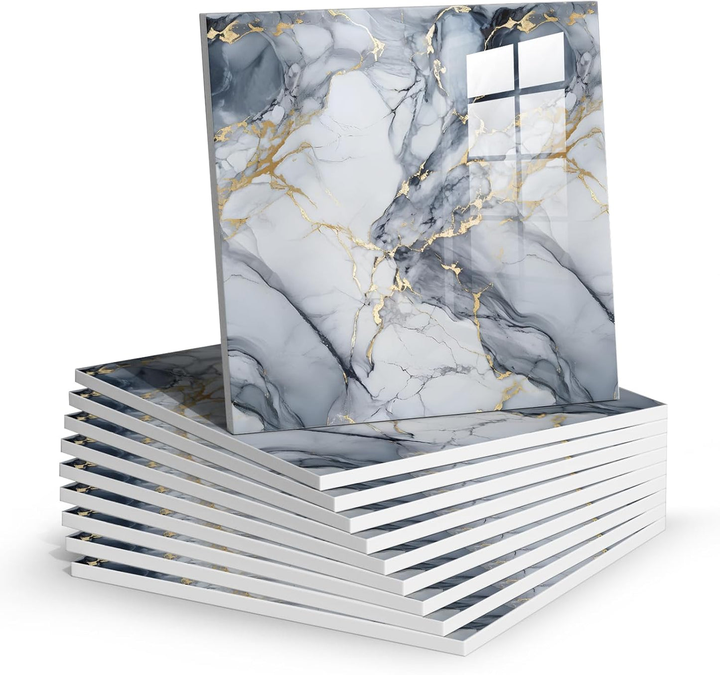 10pcs Marble Peel and Stick Backsplash Waterproof Washroom Wall Panels, Peel and Stick Tile, PVC Wall Panels for Kitchen,Bathroom,Living Room,Blue and Gold(Not Real Tile,11.8" x 11.8")