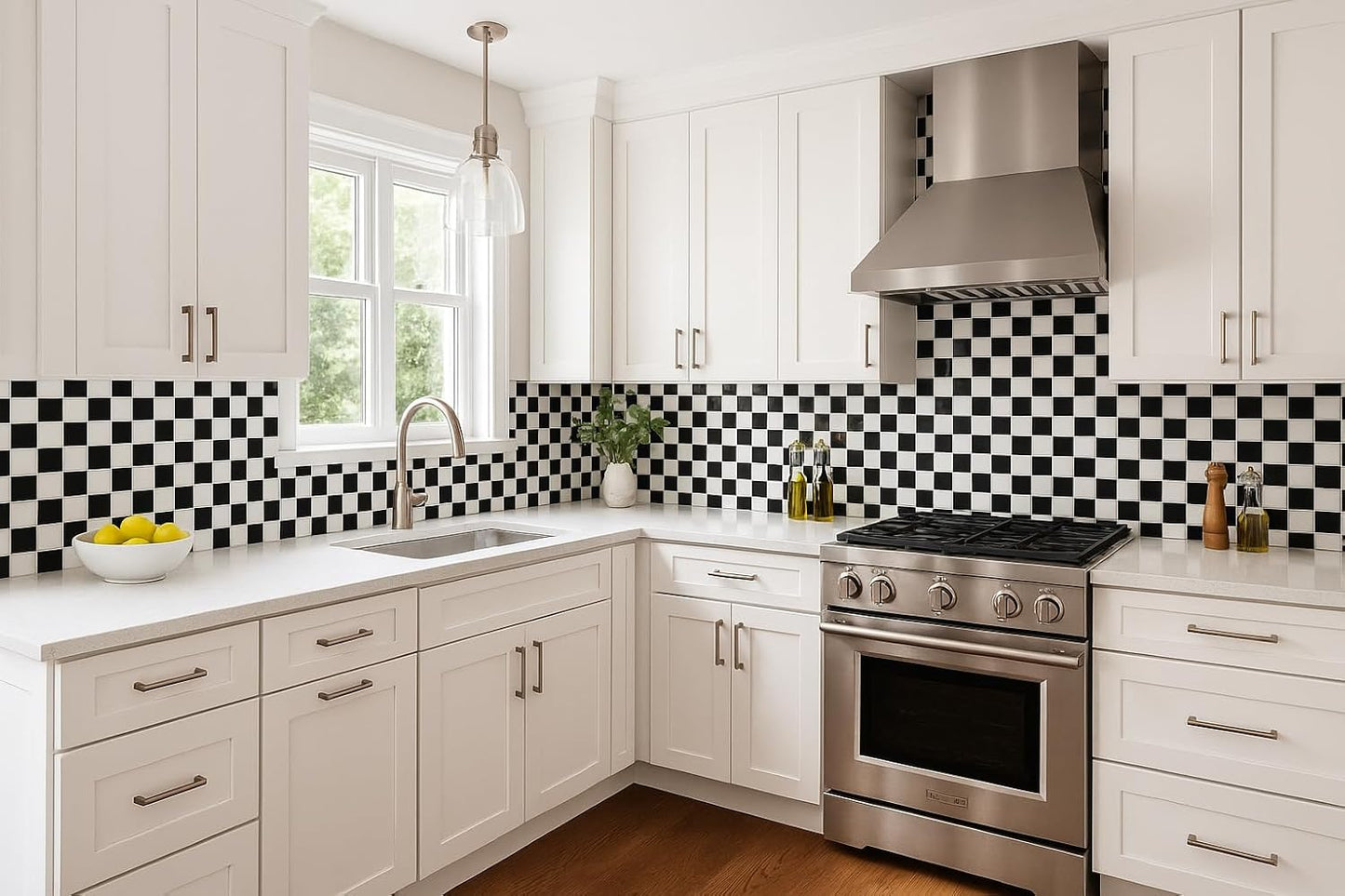 Tenedos Square Checkered Black and White Checker Board Porcelain Mosaic Wall Floor Tile Backsplash Shiny Look for Kitchen, Bathroom Shower, Accent Decor, Fireplace (1 Sheet)