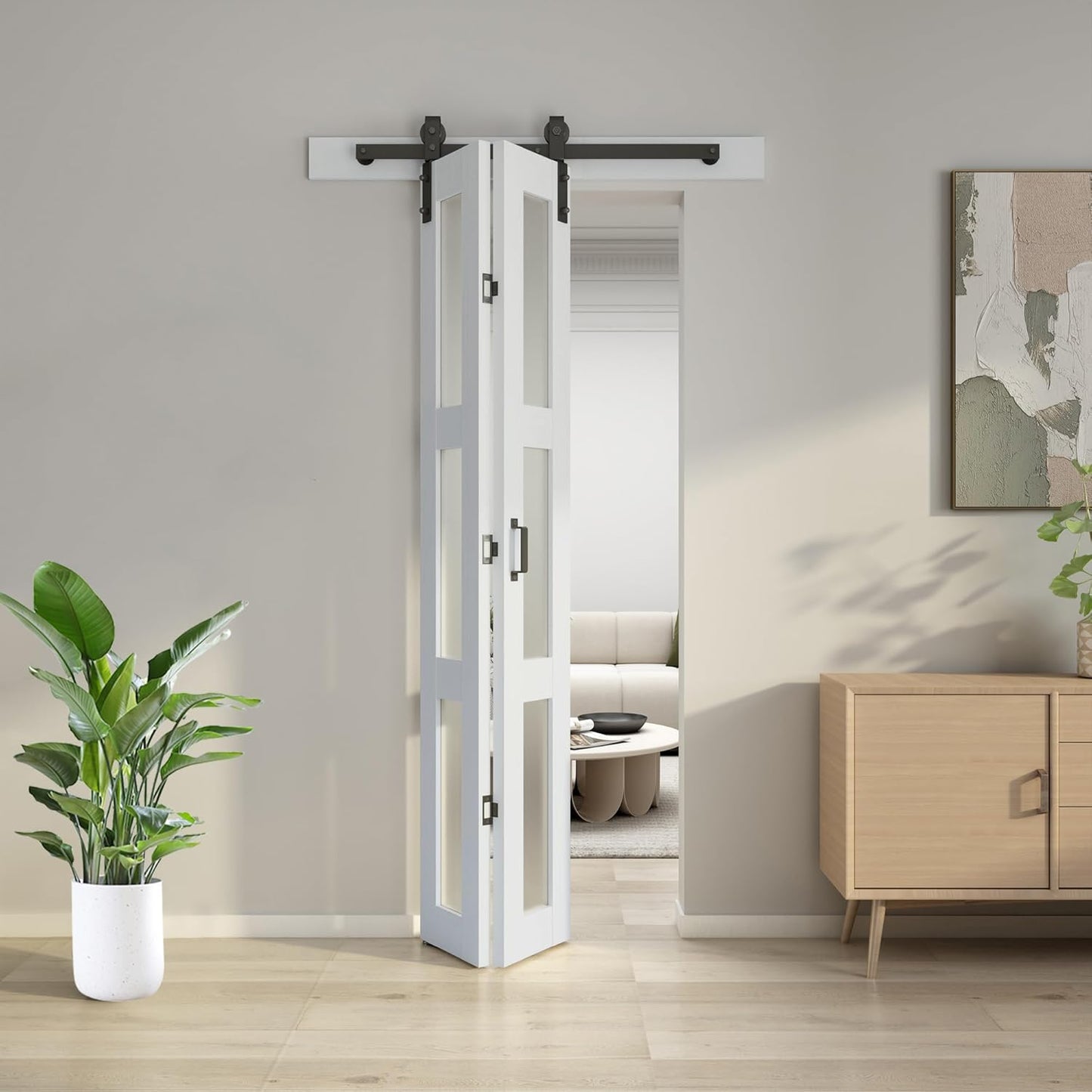 JUBEST Bifold Sliding Barn Door, 30" x 84" Bi fold Barn Door Hardware Kit & Handles Include, 3-Panel Glass Barn Doors Slab, Folding Doors with 34" Track Kit, Solid Wood, MDF & PVC Covered, White