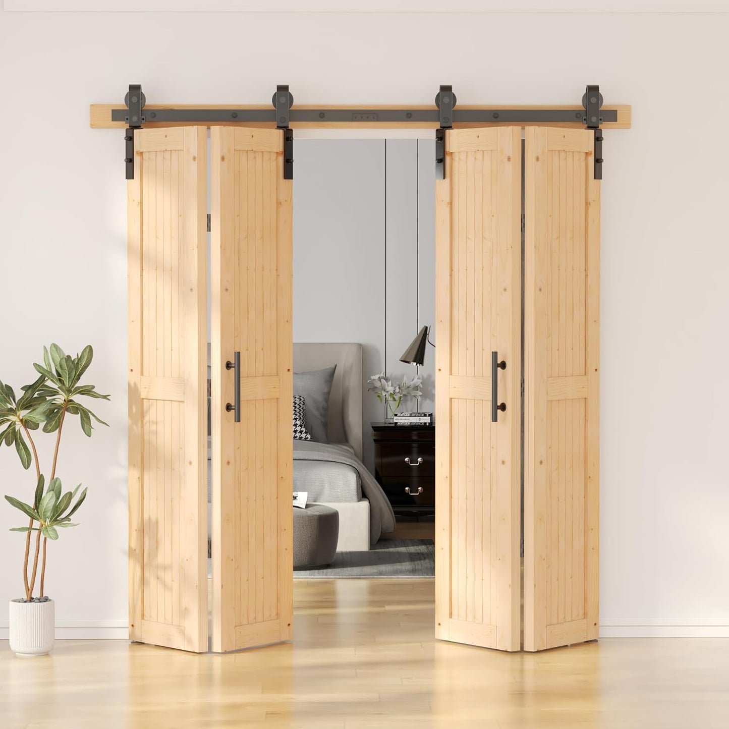 SKYSEN 48" X 84" Bifold Barn Door with 52" Bifold Barn Door Hardware Kit, Including Handle and Pulls, Unfinished Solid Spruce Wood Panel, Pre-Drilled and Assembled(48 * 84-52-fold)