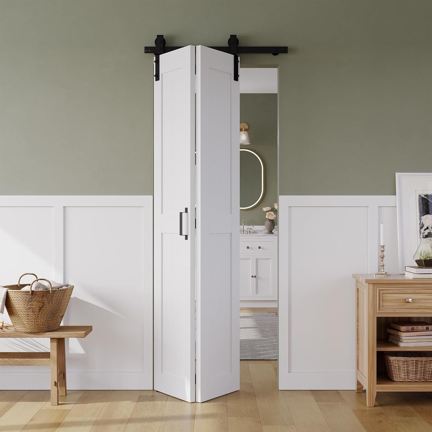 Bifold Barn Door 80" x 84", MDF Bi-Fold Sliding Closet Doors with Hardware Kit Included, Pre-Finished Easy Assembly, Water-Proof PVC Surface & Save Space, H-Frame, 88" Track for 4 Doors,White