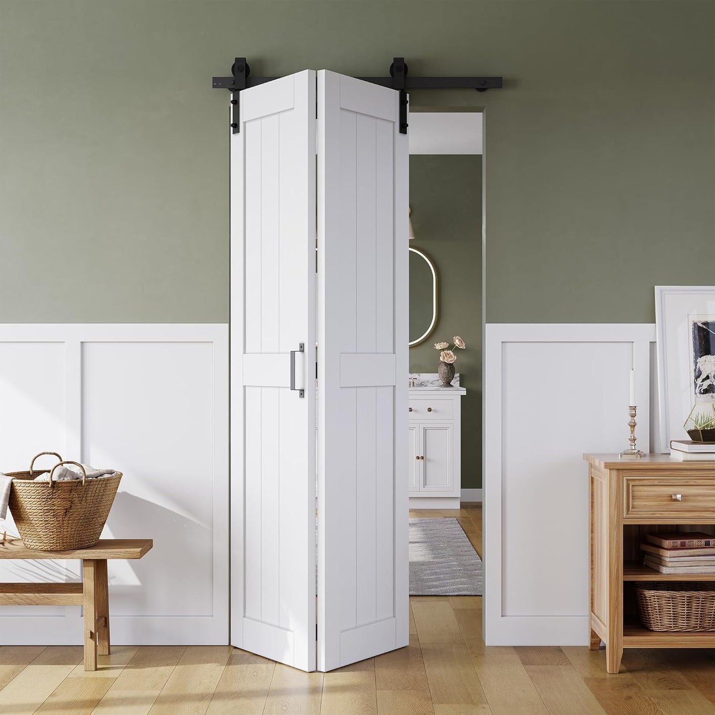 Bifold Barn Door 80" x 84", MDF Bi-Fold Sliding Closet Doors with Hardware Kit Included, Pre-Finished Easy Assembly, Water-Proof PVC Surface & Save Space, H-Frame, 88" Track for 4 Doors,White