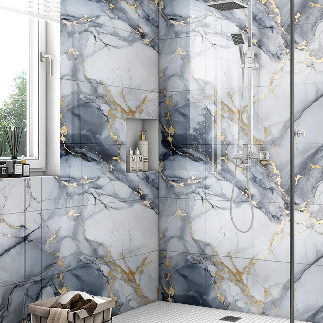 10pcs Marble Peel and Stick Backsplash Waterproof Washroom Wall Panels, Peel and Stick Tile, PVC Wall Panels for Kitchen,Bathroom,Living Room,Blue and Gold(Not Real Tile,11.8" x 11.8")