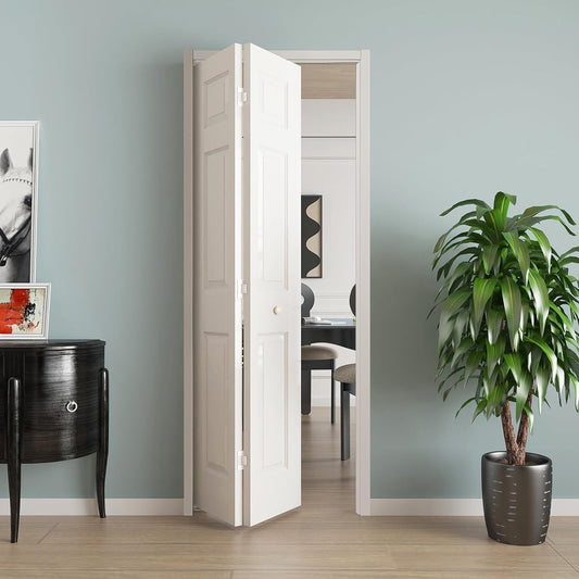 JUBEST Bifold Doors, 6 Panel Primed Bifold Closet Doors for 24"x80" Door Opening, Modern White Hollow Core Bi-Fold Door Slab with Hardware Kit & Knob, Widely Used, Primed