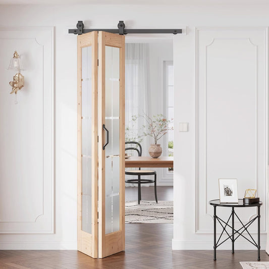 Preassembled Bifold Barn Door 36 x 84 in (Double 18x84in) with Bi-fold Door Hardware Kit, Frosted Glass Cross Transparent, Pre-Drilled Holes, French Glass Doors, Wood Slat, Fit 36in Opening