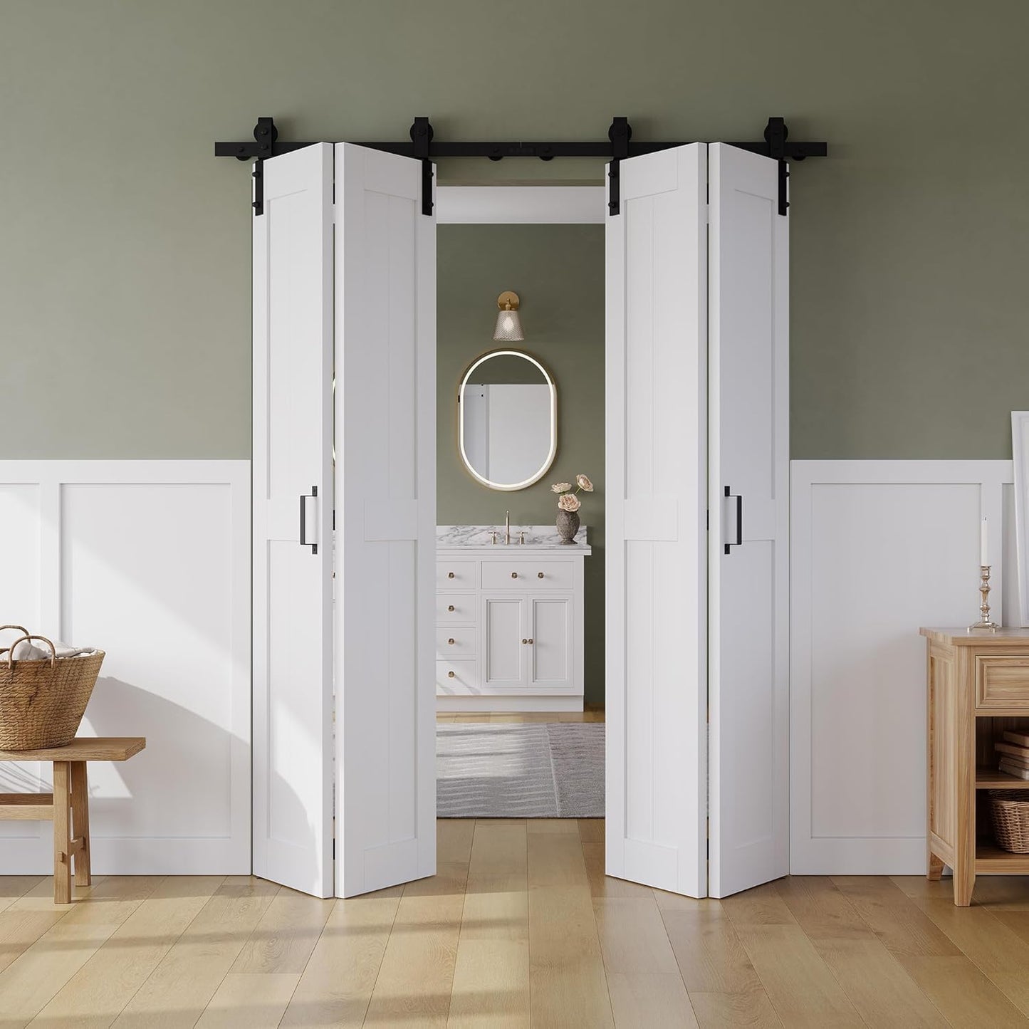 Bifold Barn Door 80" x 84", MDF Bi-Fold Sliding Closet Doors with Hardware Kit Included, Pre-Finished Easy Assembly, Water-Proof PVC Surface & Save Space, H-Frame, 88" Track for 4 Doors,White