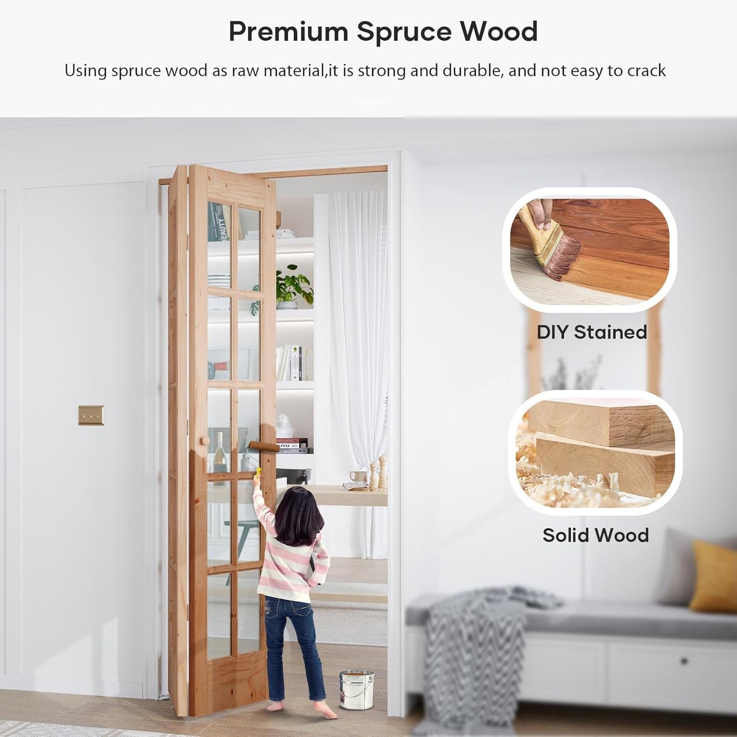 EaseLife Bifold Closet Door,for 36in x 80in (Double 18x80) Opening,French Glass Barn Doors with 3FT Concealed Bi-Fold Sliding Hardware Kit Included,Preassembled Door,Easy Install,DIY staining
