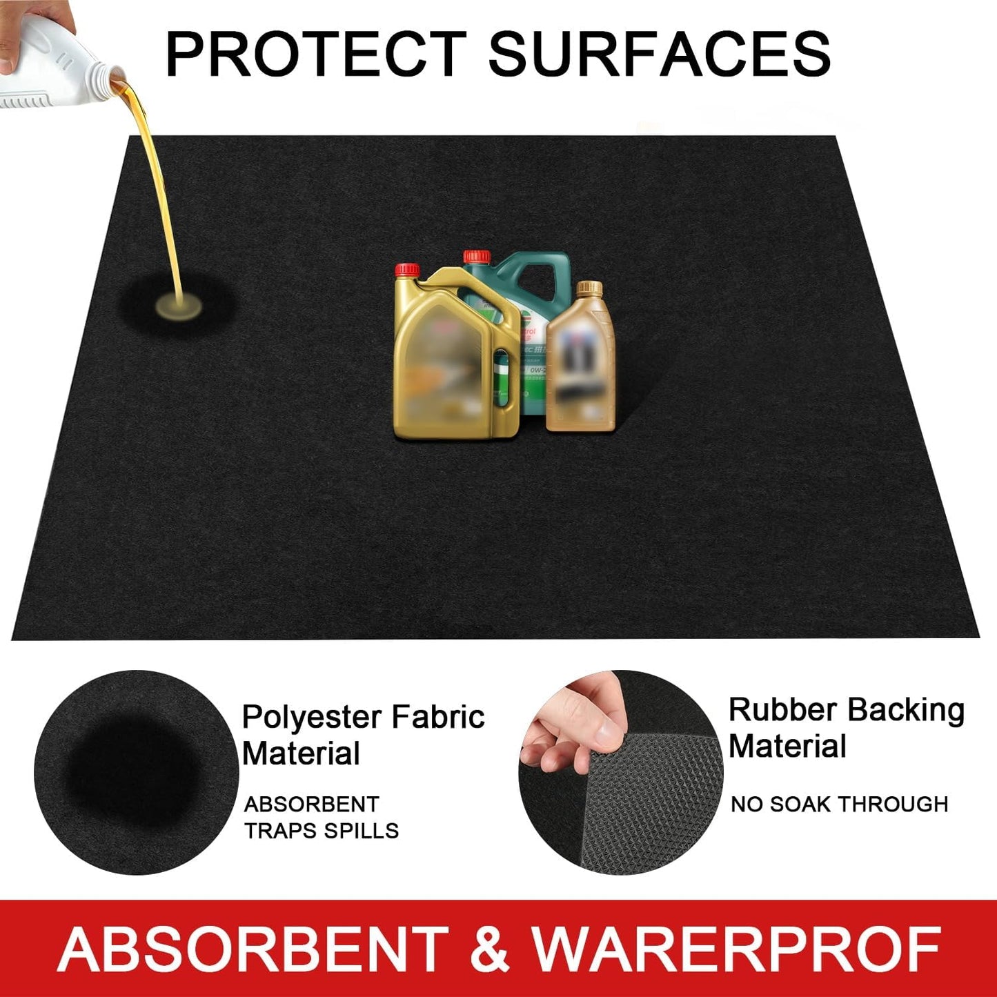Golener Oil Spill Mat - Garage Floor Mat, Absorbent Oil Pad, Premium Maintenance Mat, Waterproof, Contain Liquid, Protect Garage Surface from Spill & Stain, Reusable, Washable, Durable, Black, 59”x72”