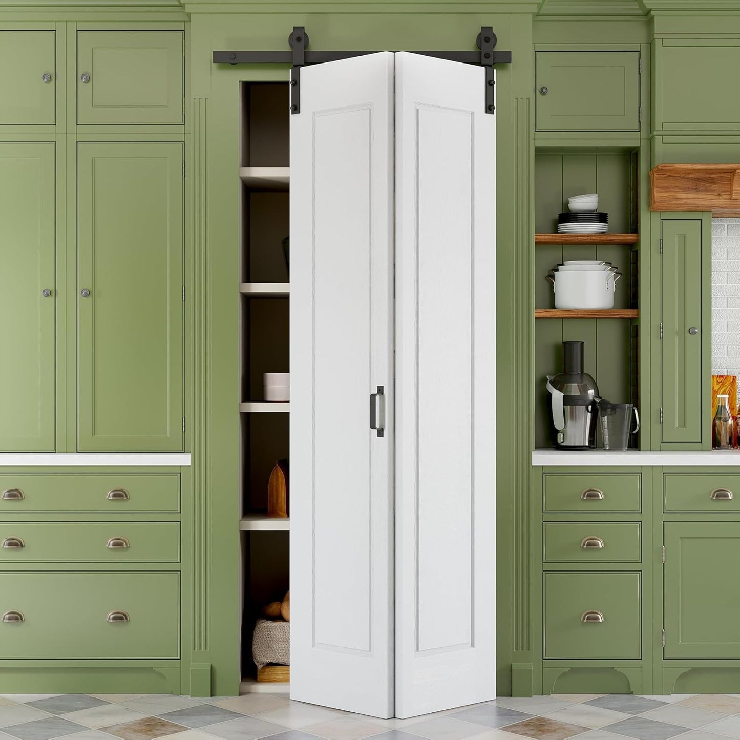 36" x 84" Paintable Bifold Barn Door, No Assembly Required, 6 Panels Bi Fold Barn Door with Hardware Kit Included, 40" Track Kit for 2 Doors, Pre-Drilled Holes