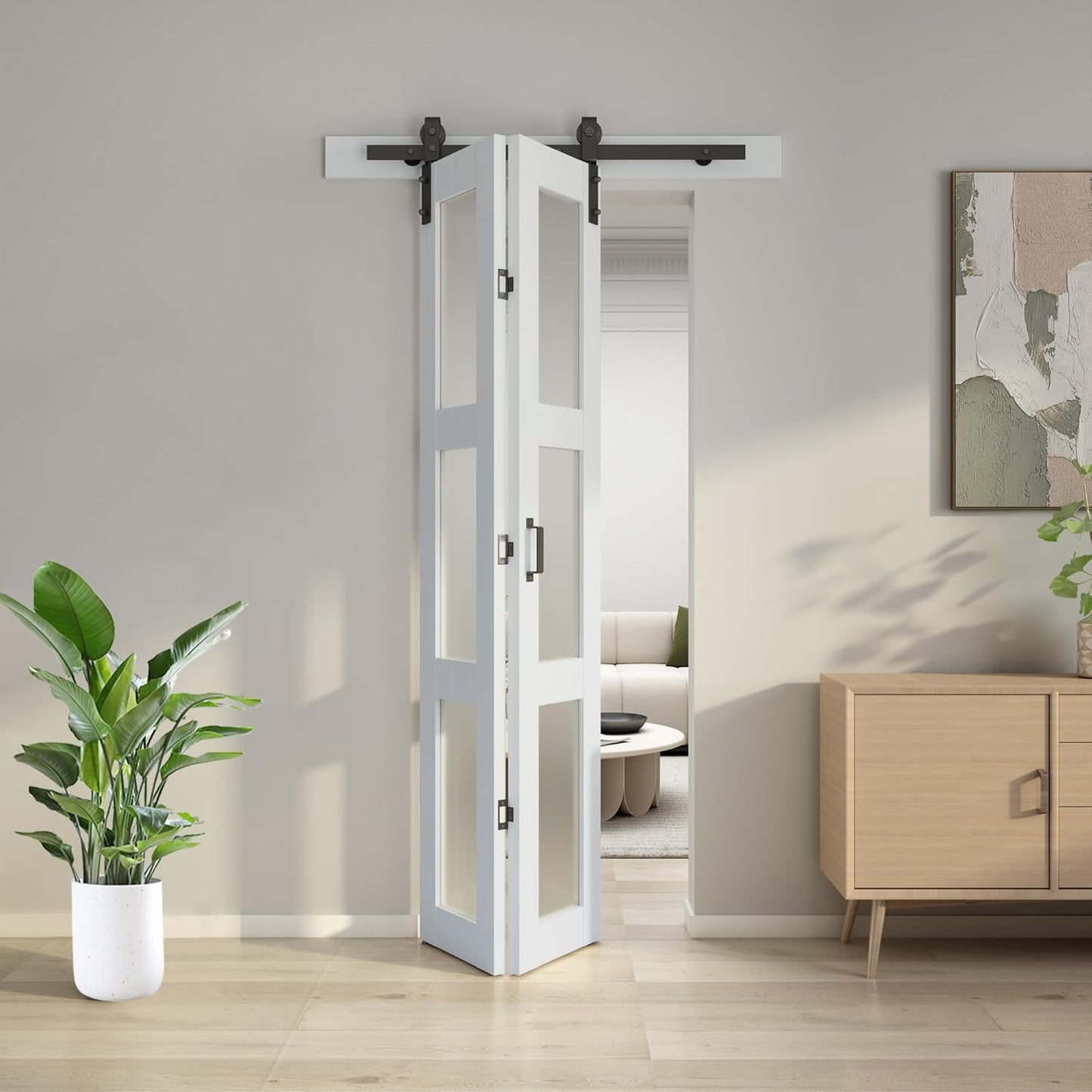 JUBEST Bifold Sliding Barn Door, 30" x 84" Bi fold Barn Door Hardware Kit & Handles Include, 3-Panel Glass Barn Doors Slab, Folding Doors with 34" Track Kit, Solid Wood, MDF & PVC Covered, White