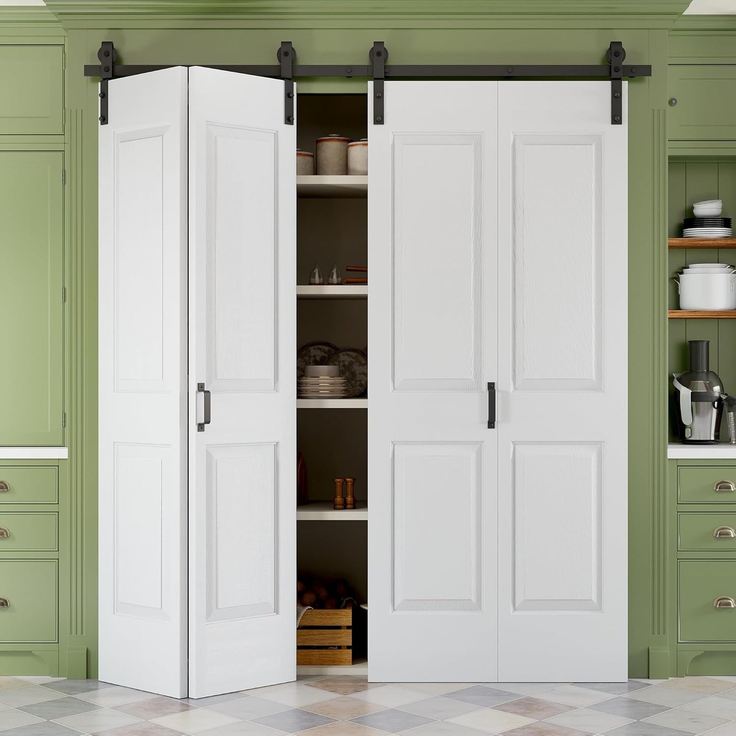 36" x 84" Paintable Bifold Barn Door, No Assembly Required, 6 Panels Bi Fold Barn Door with Hardware Kit Included, 40" Track Kit for 2 Doors, Pre-Drilled Holes
