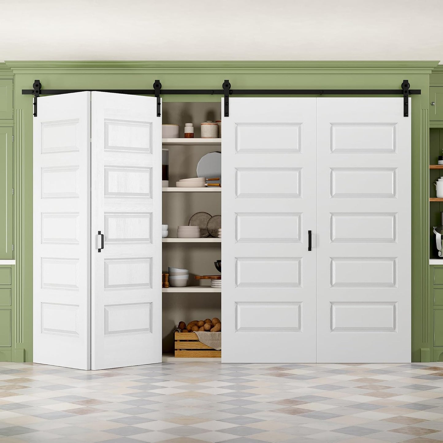 36" x 84" Paintable Bifold Barn Door, No Assembly Required, 6 Panels Bi Fold Barn Door with Hardware Kit Included, 40" Track Kit for 2 Doors, Pre-Drilled Holes