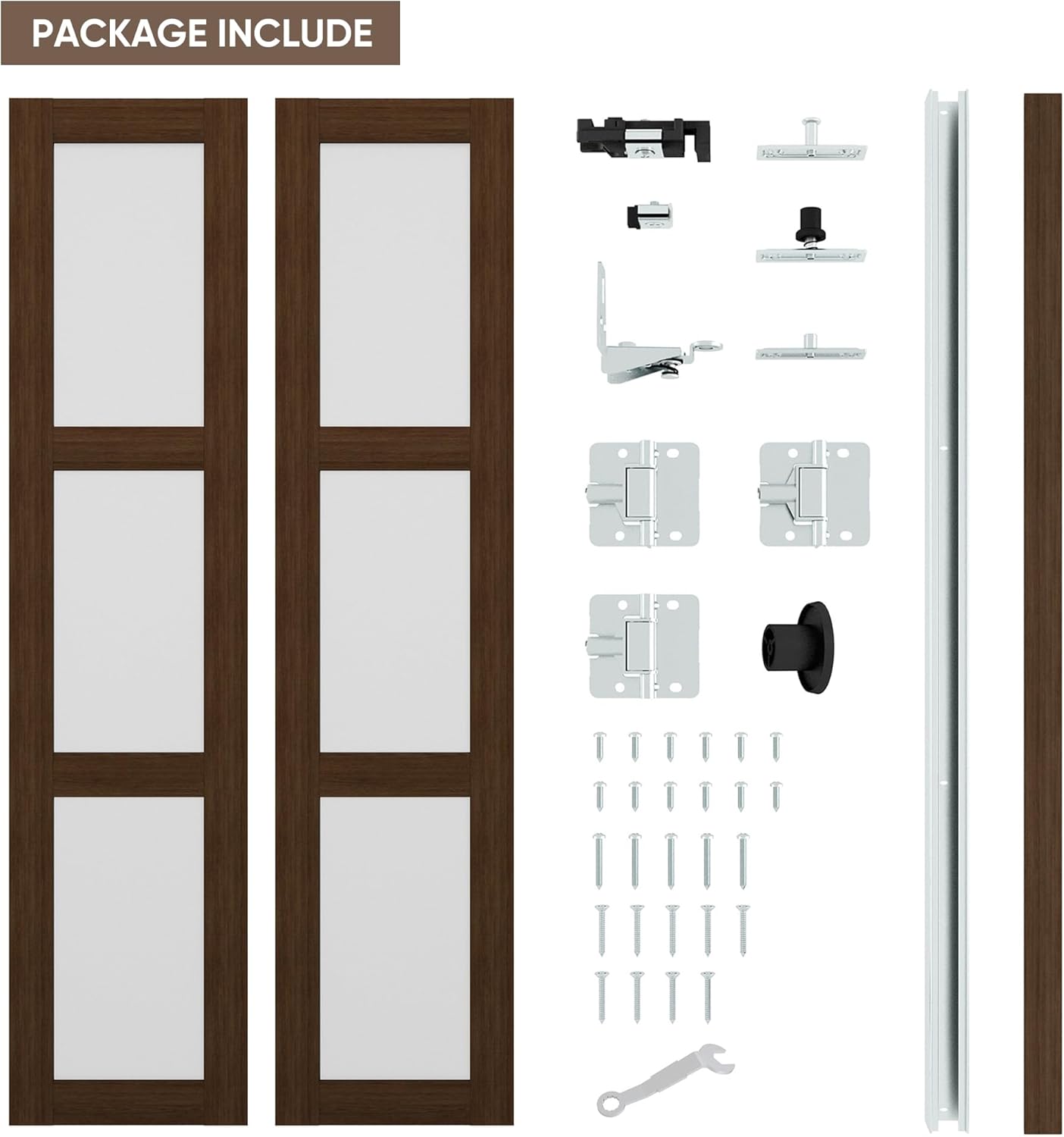 JUBEST Bifold Closet Door, 36Inch Bi fold Interior Doors with Hardware Kit Include, 3-lite Tempered Frosted Glass Doors, Solid Wood Closet Door with MDF & Water-Proof PVC Surface, Brown