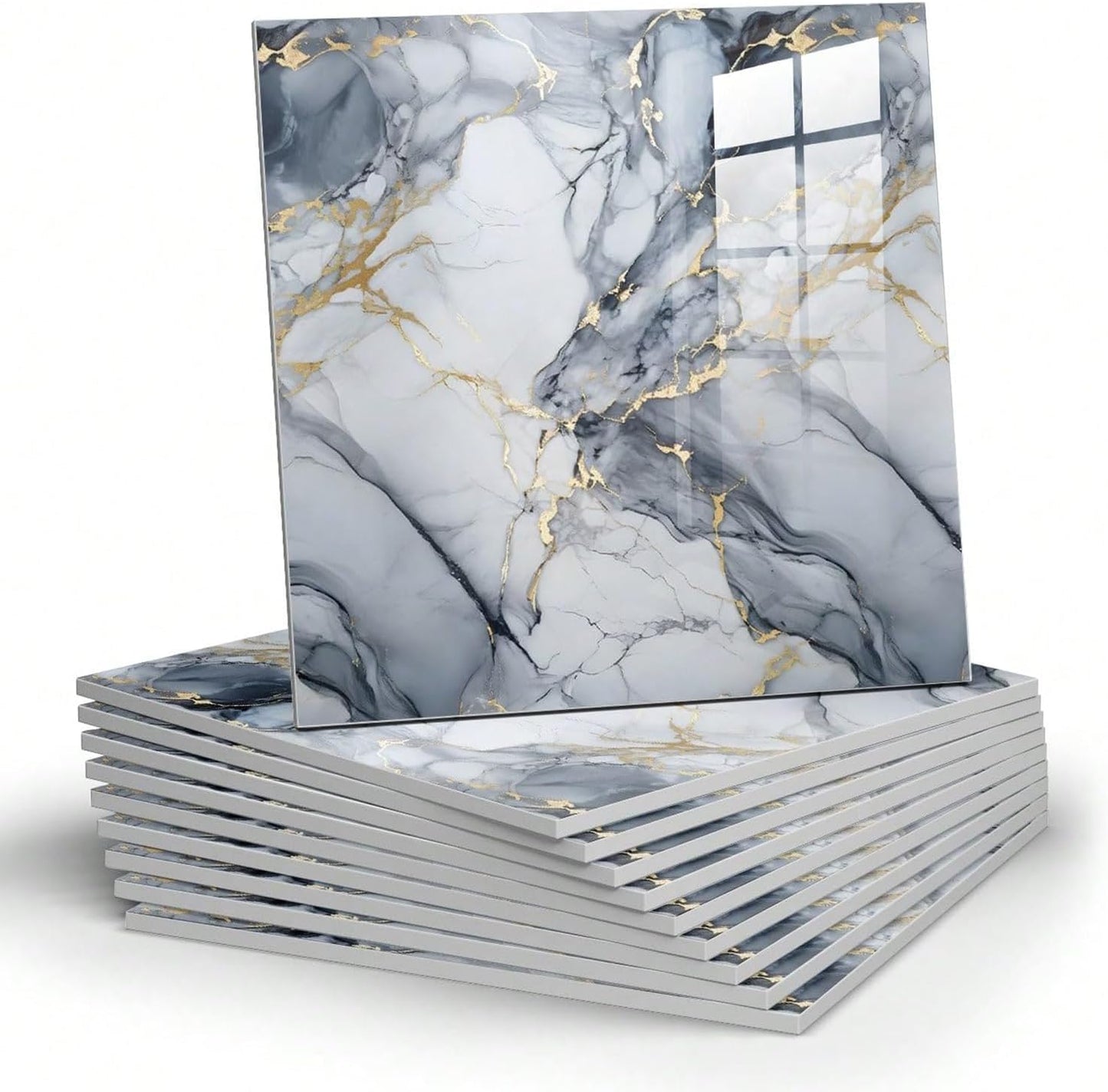 10pcs Marble Peel and Stick Backsplash Waterproof Washroom Wall Panels, Peel and Stick Tile, PVC Wall Panels for Kitchen,Bathroom,Living Room,Blue and Gold(Not Real Tile,11.8" x 11.8")