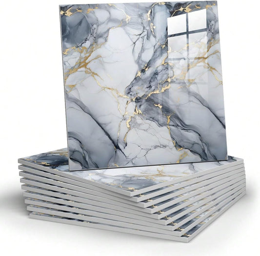 10pcs Marble Peel and Stick Backsplash Waterproof Washroom Wall Panels, Peel and Stick Tile, PVC Wall Panels for Kitchen,Bathroom,Living Room,Blue and Gold(Not Real Tile,11.8" x 11.8")