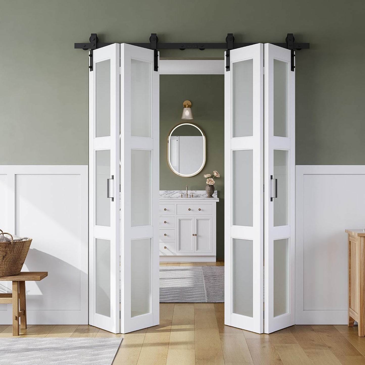 SMARTSTANDARD 28in x 84in Bifold Barn Door, Frosted Glass Barn Door with Hardware Kit Included, Pre-Drilled Holes Easy Assembly -Solid Barn Doors Slab Covered with Water-Proof PVC Surface, White
