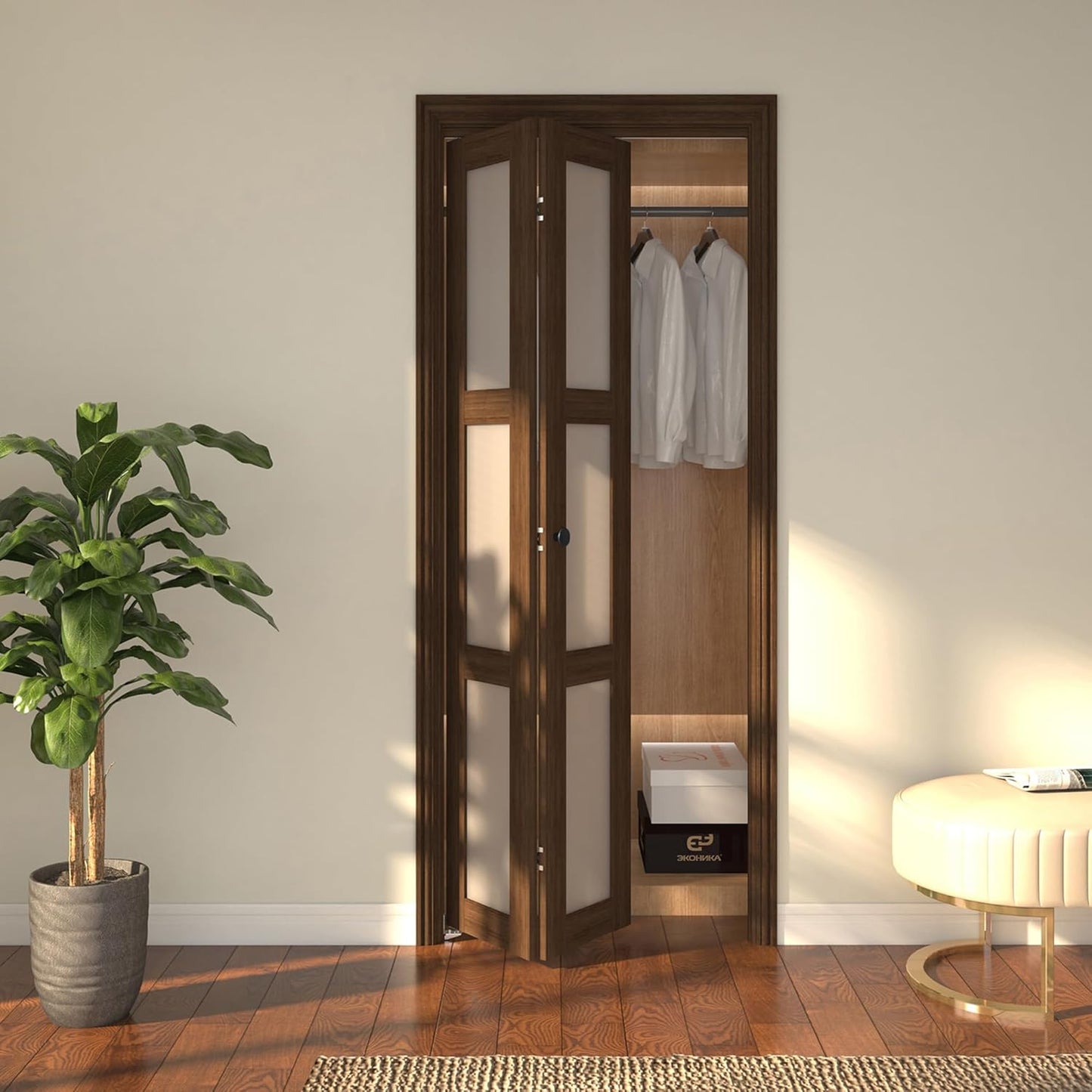 JUBEST Bifold Closet Door, 36Inch Bi fold Interior Doors with Hardware Kit Include, 3-lite Tempered Frosted Glass Doors, Solid Wood Closet Door with MDF & Water-Proof PVC Surface, Brown