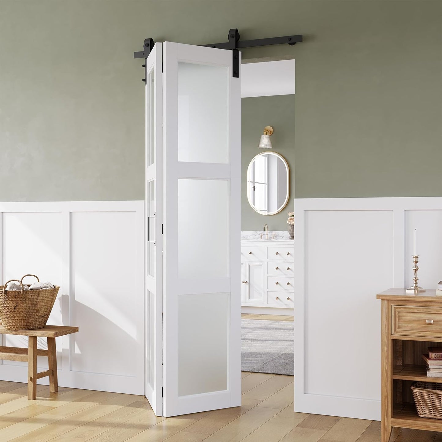 SMARTSTANDARD 28in x 84in Bifold Barn Door, Frosted Glass Barn Door with Hardware Kit Included, Pre-Drilled Holes Easy Assembly -Solid Barn Doors Slab Covered with Water-Proof PVC Surface, White