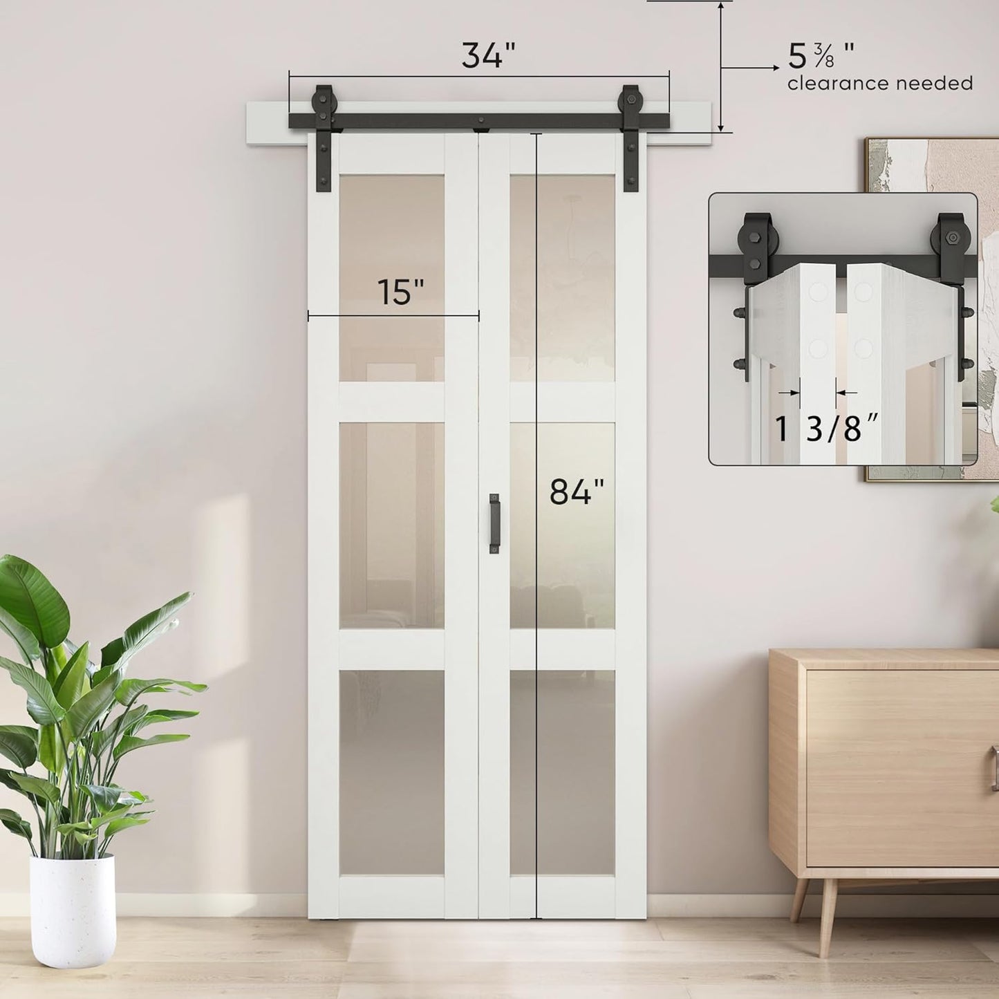 JUBEST Bifold Sliding Barn Door, 30" x 84" Bi fold Barn Door Hardware Kit & Handles Include, 3-Panel Glass Barn Doors Slab, Folding Doors with 34" Track Kit, Solid Wood, MDF & PVC Covered, White
