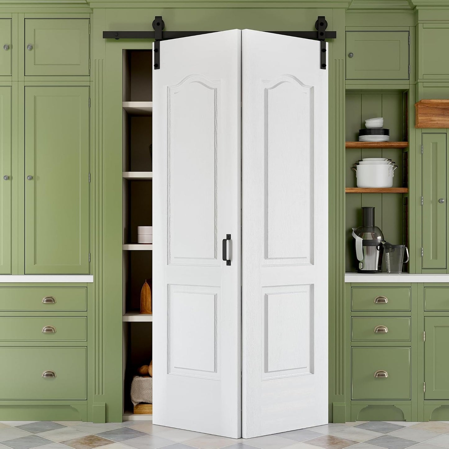 36" x 84" Paintable Bifold Barn Door, No Assembly Required, 6 Panels Bi Fold Barn Door with Hardware Kit Included, 40" Track Kit for 2 Doors, Pre-Drilled Holes