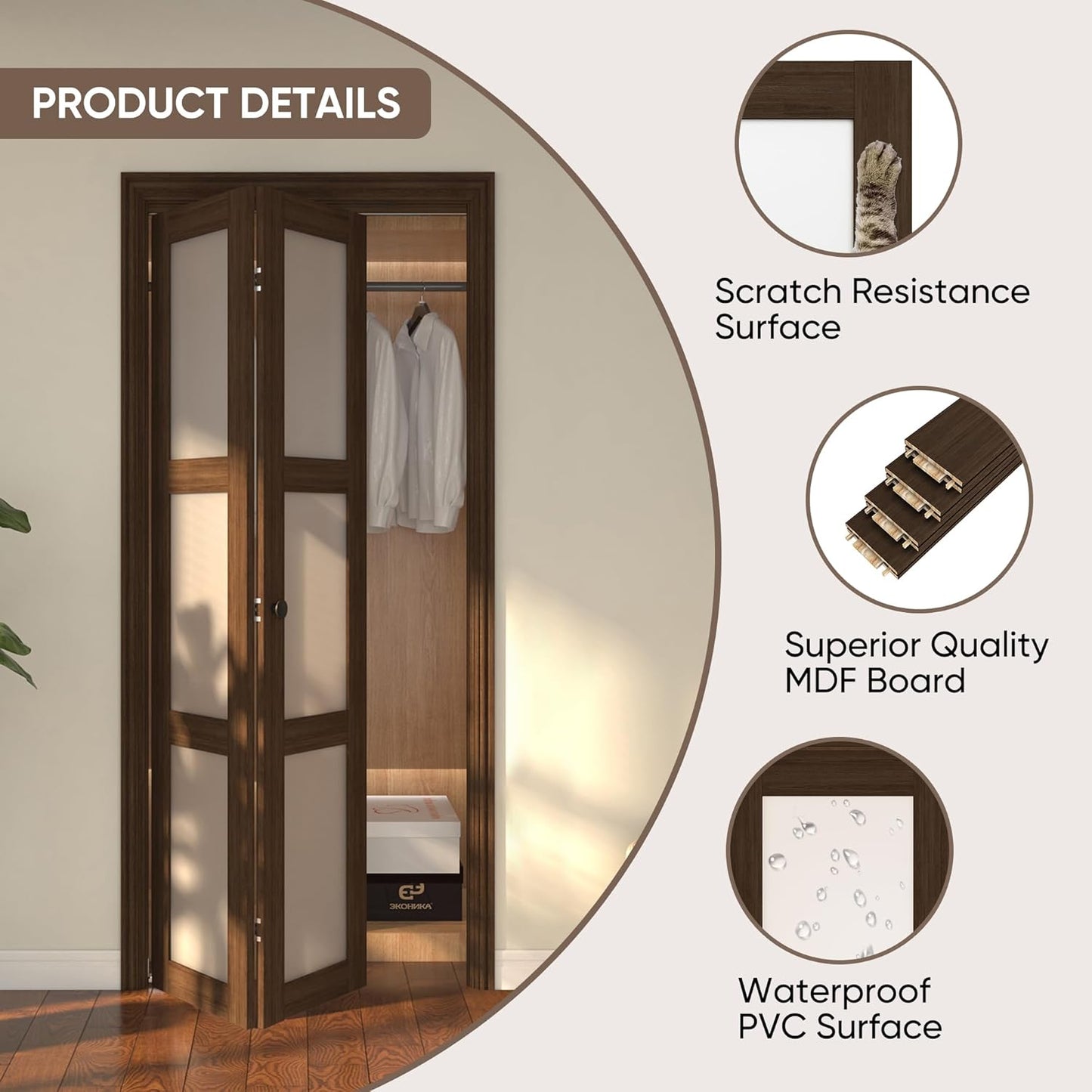 JUBEST Bifold Closet Door, 36Inch Bi fold Interior Doors with Hardware Kit Include, 3-lite Tempered Frosted Glass Doors, Solid Wood Closet Door with MDF & Water-Proof PVC Surface, Brown