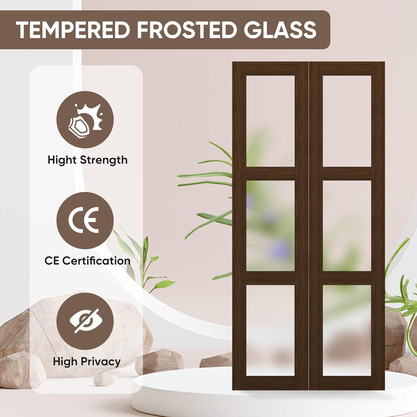 JUBEST Bifold Closet Door, 36Inch Bi fold Interior Doors with Hardware Kit Include, 3-lite Tempered Frosted Glass Doors, Solid Wood Closet Door with MDF & Water-Proof PVC Surface, Brown