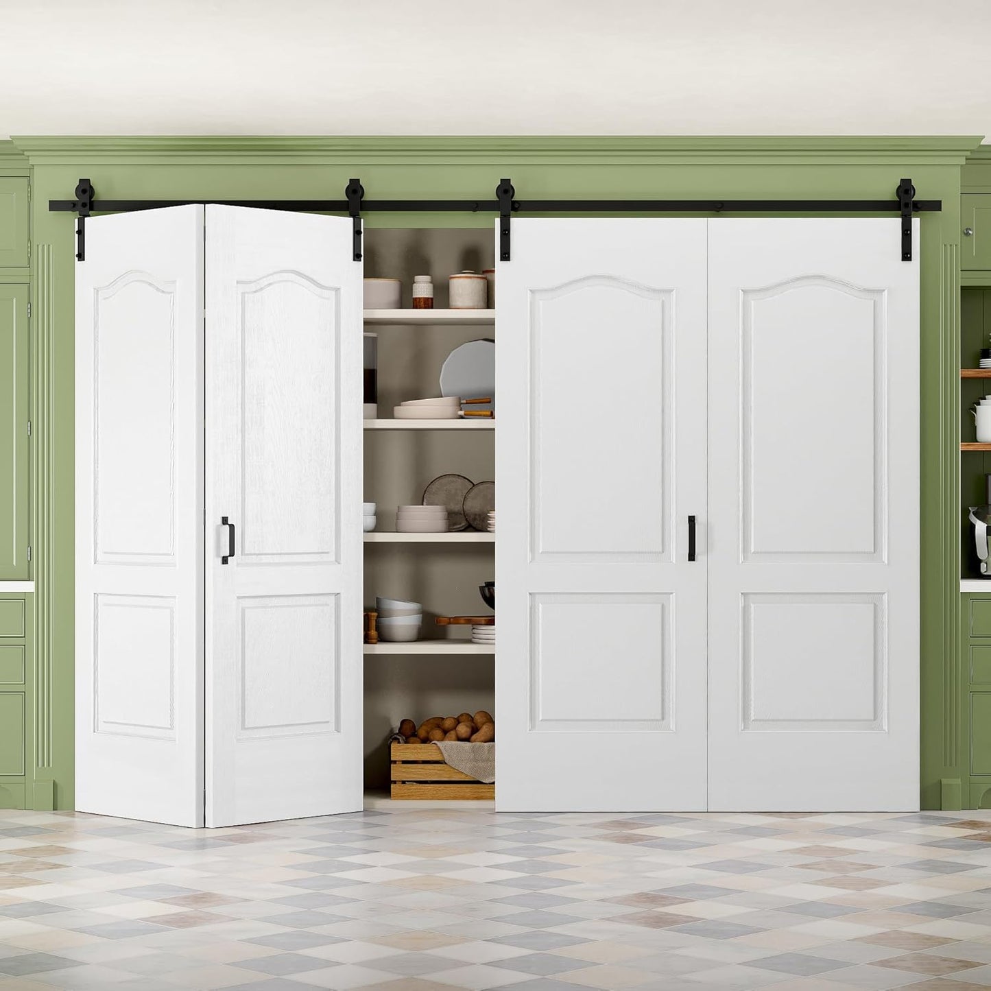 36" x 84" Paintable Bifold Barn Door, No Assembly Required, 6 Panels Bi Fold Barn Door with Hardware Kit Included, 40" Track Kit for 2 Doors, Pre-Drilled Holes