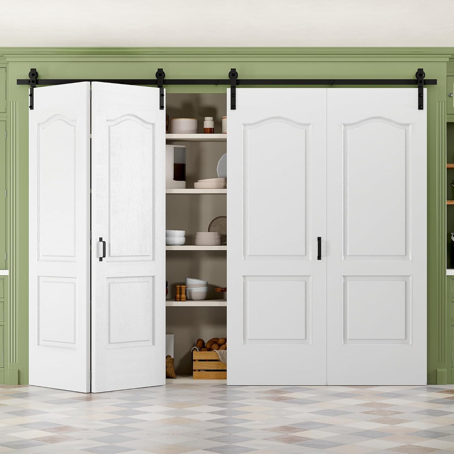 36" x 84" Paintable Bifold Barn Door, No Assembly Required, 6 Panels Bi Fold Barn Door with Hardware Kit Included, 40" Track Kit for 2 Doors, Pre-Drilled Holes