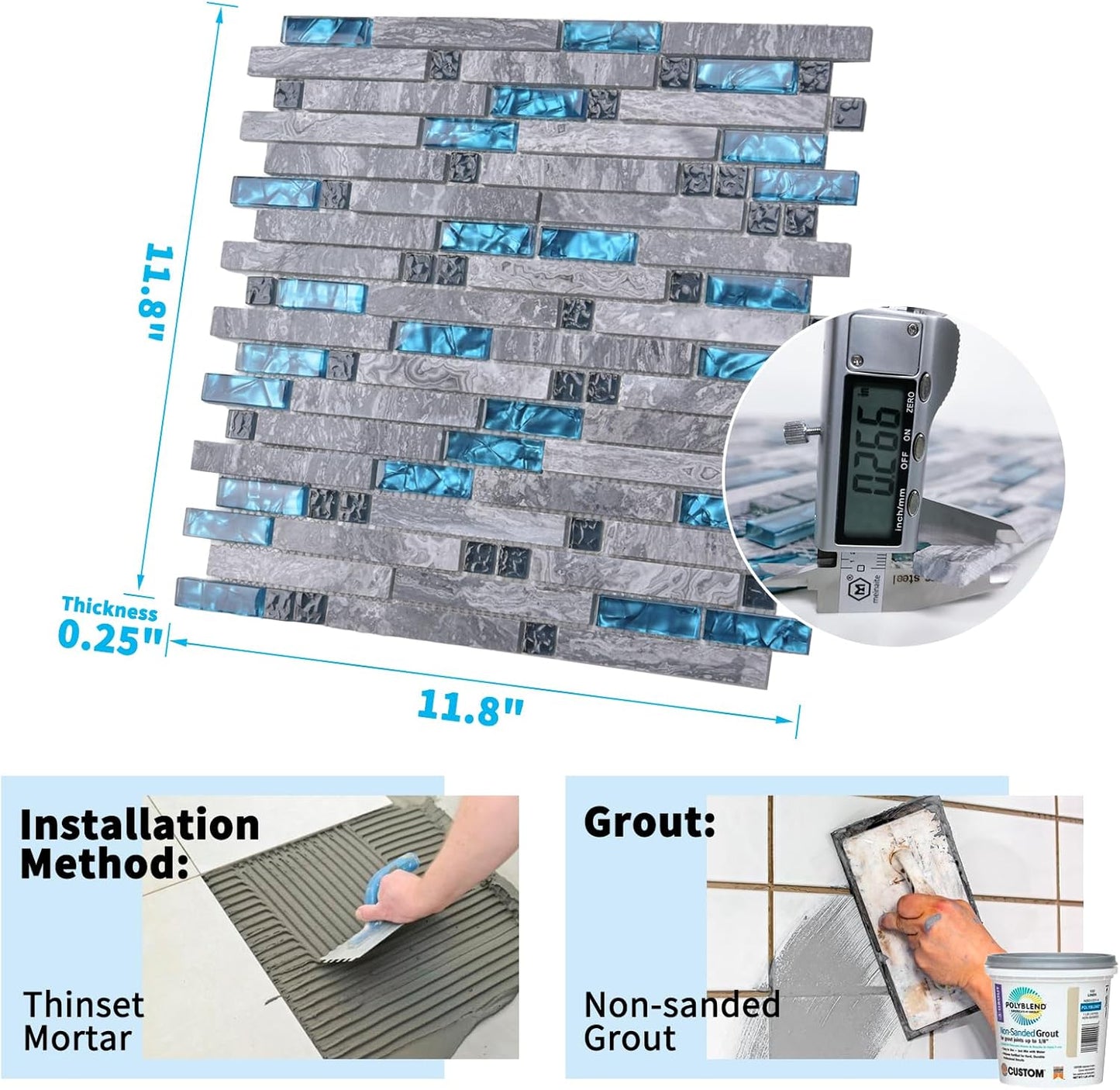 Art3d grout Decorative Tile, Blue/Gray, Glass, for Kitchen Backsplash or Bathroom Backsplash (5 Pack)