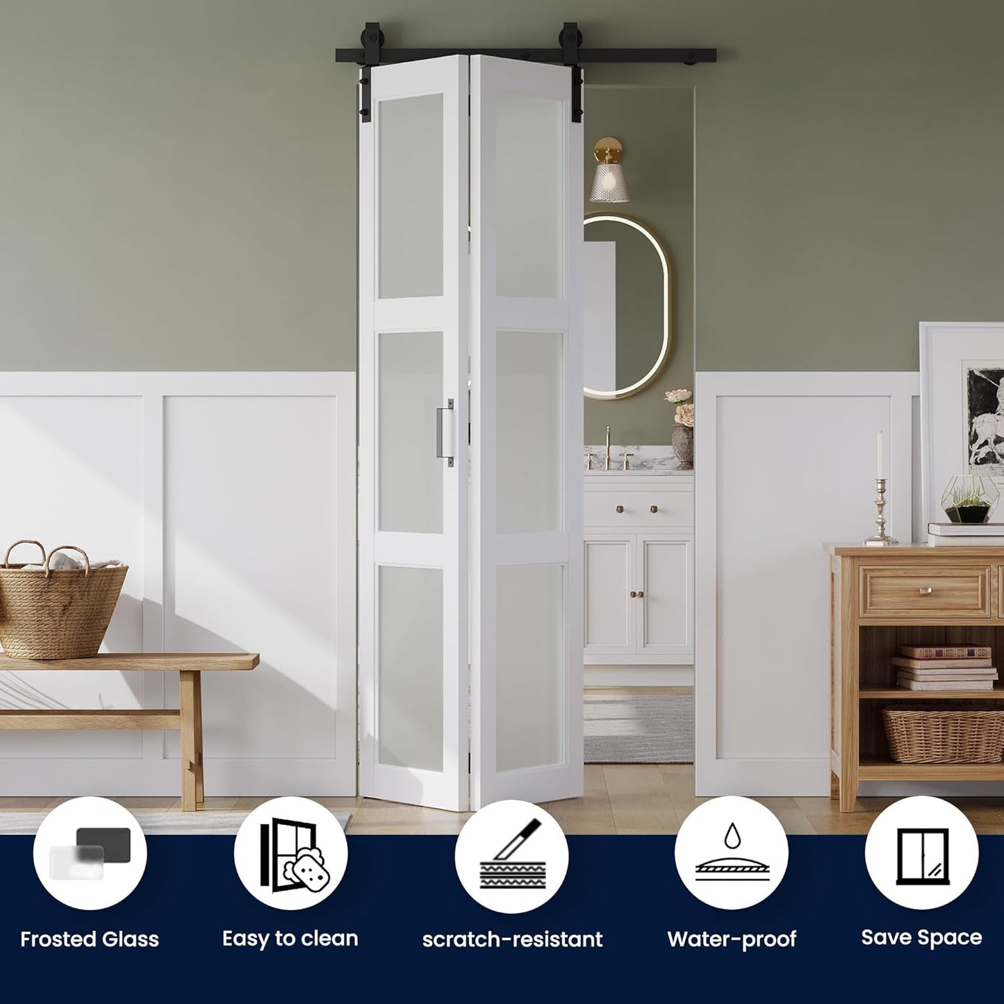 SMARTSTANDARD 28in x 84in Bifold Barn Door, Frosted Glass Barn Door with Hardware Kit Included, Pre-Drilled Holes Easy Assembly -Solid Barn Doors Slab Covered with Water-Proof PVC Surface, White