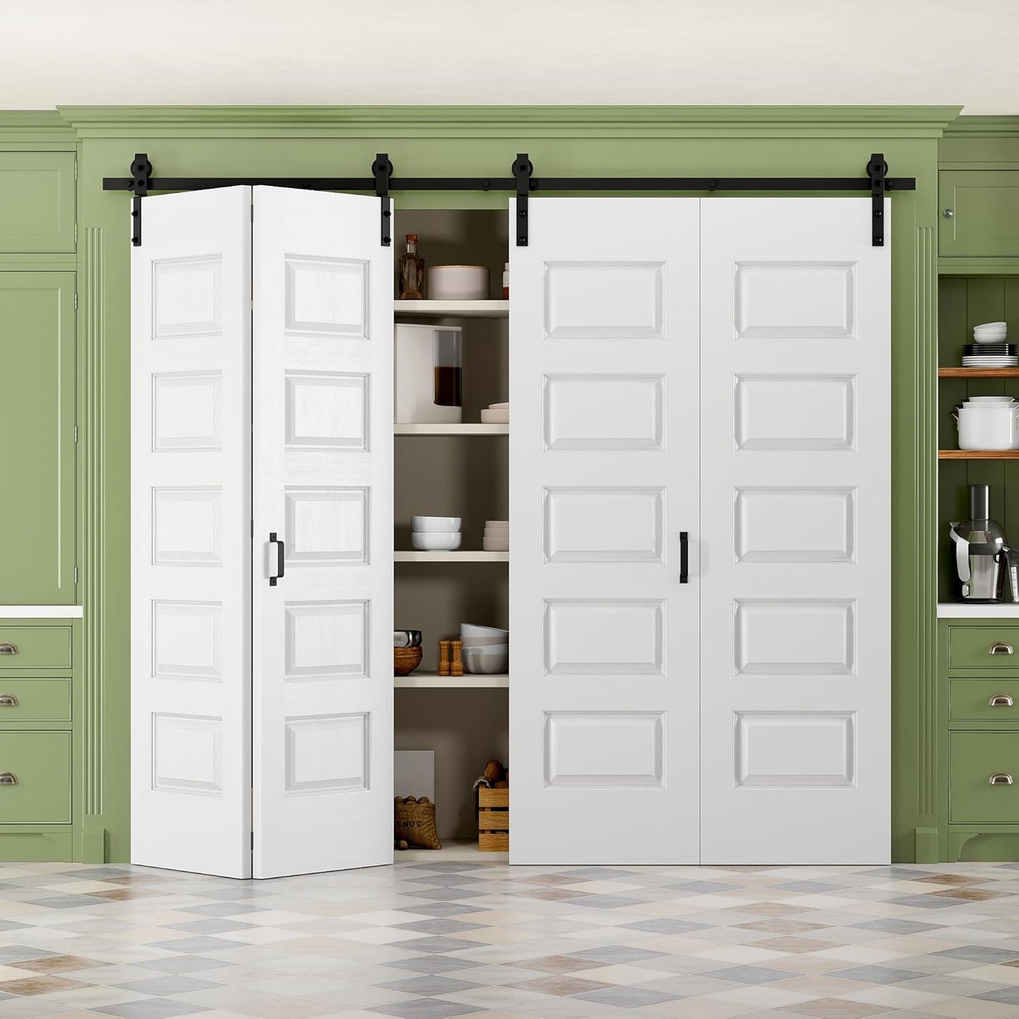 36" x 84" Paintable Bifold Barn Door, No Assembly Required, 6 Panels Bi Fold Barn Door with Hardware Kit Included, 40" Track Kit for 2 Doors, Pre-Drilled Holes