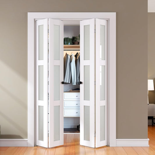 SMARTSTANDARD Bifold Door, for 48"x 80" Opening,Tempered Frosted Glass Closet Folding Barn Door with Hardware Kit, Water-Proof PVC Surface,Easy Install,White