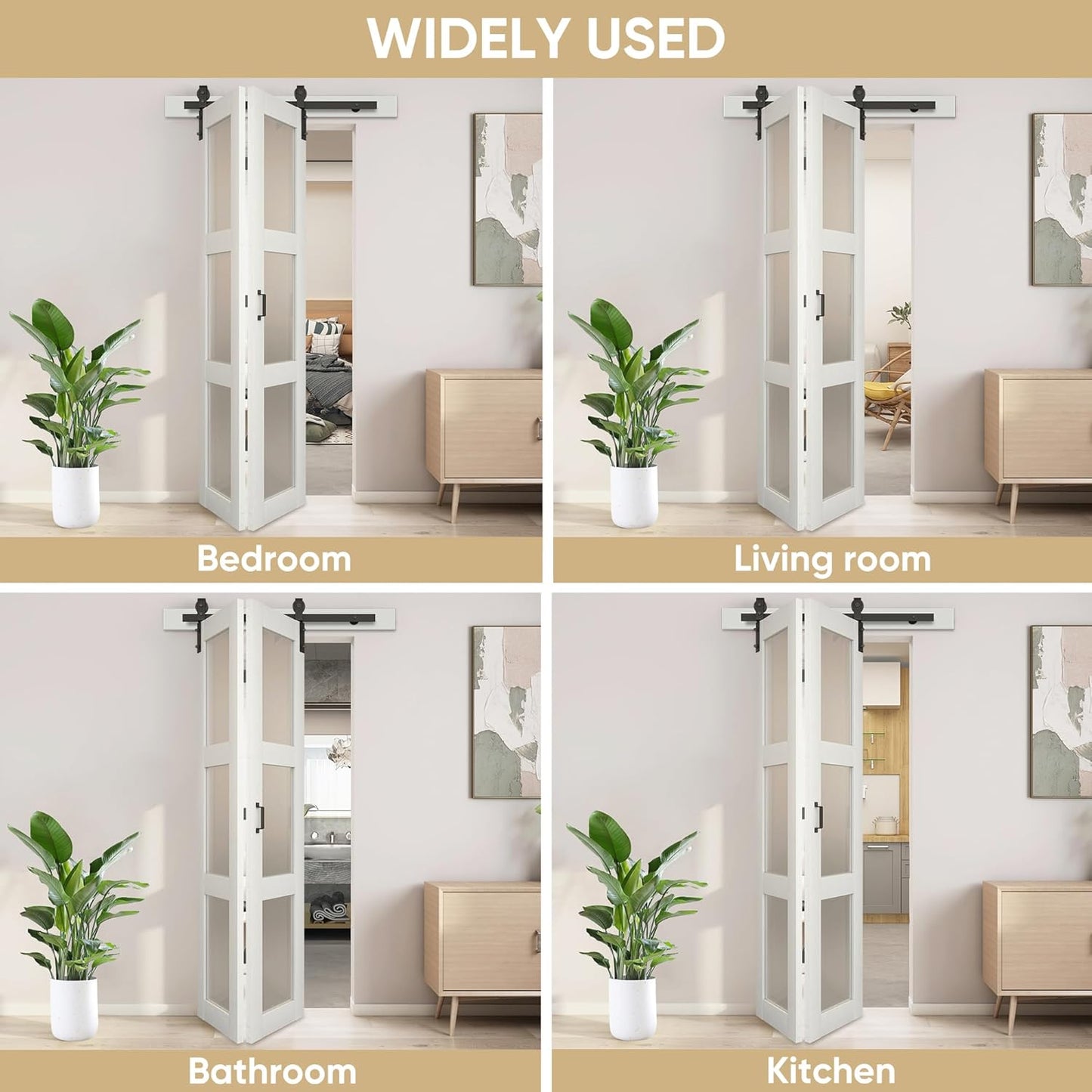JUBEST Bifold Sliding Barn Door, 30" x 84" Bi fold Barn Door Hardware Kit & Handles Include, 3-Panel Glass Barn Doors Slab, Folding Doors with 34" Track Kit, Solid Wood, MDF & PVC Covered, White