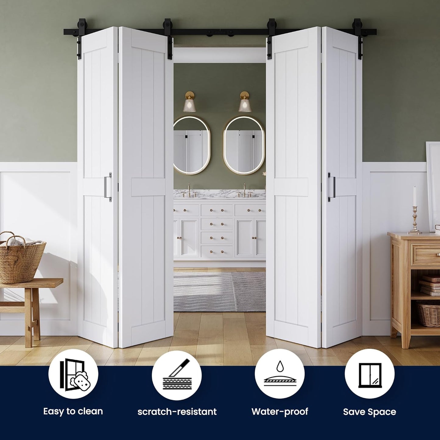 Bifold Barn Door 80" x 84", MDF Bi-Fold Sliding Closet Doors with Hardware Kit Included, Pre-Finished Easy Assembly, Water-Proof PVC Surface & Save Space, H-Frame, 88" Track for 4 Doors,White